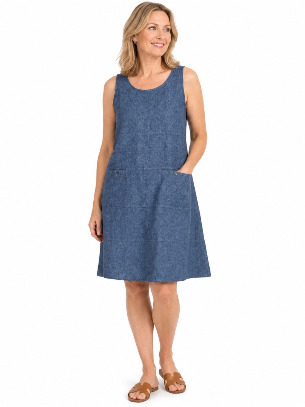 J. JILL PURE Jill 100% Linen Blue Sleeveless A-Line Pocket Dress L